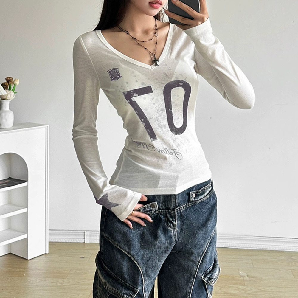 ZARA Winter Fashion Sexy Sheer Digital Print Slim Long Sleeve Top
